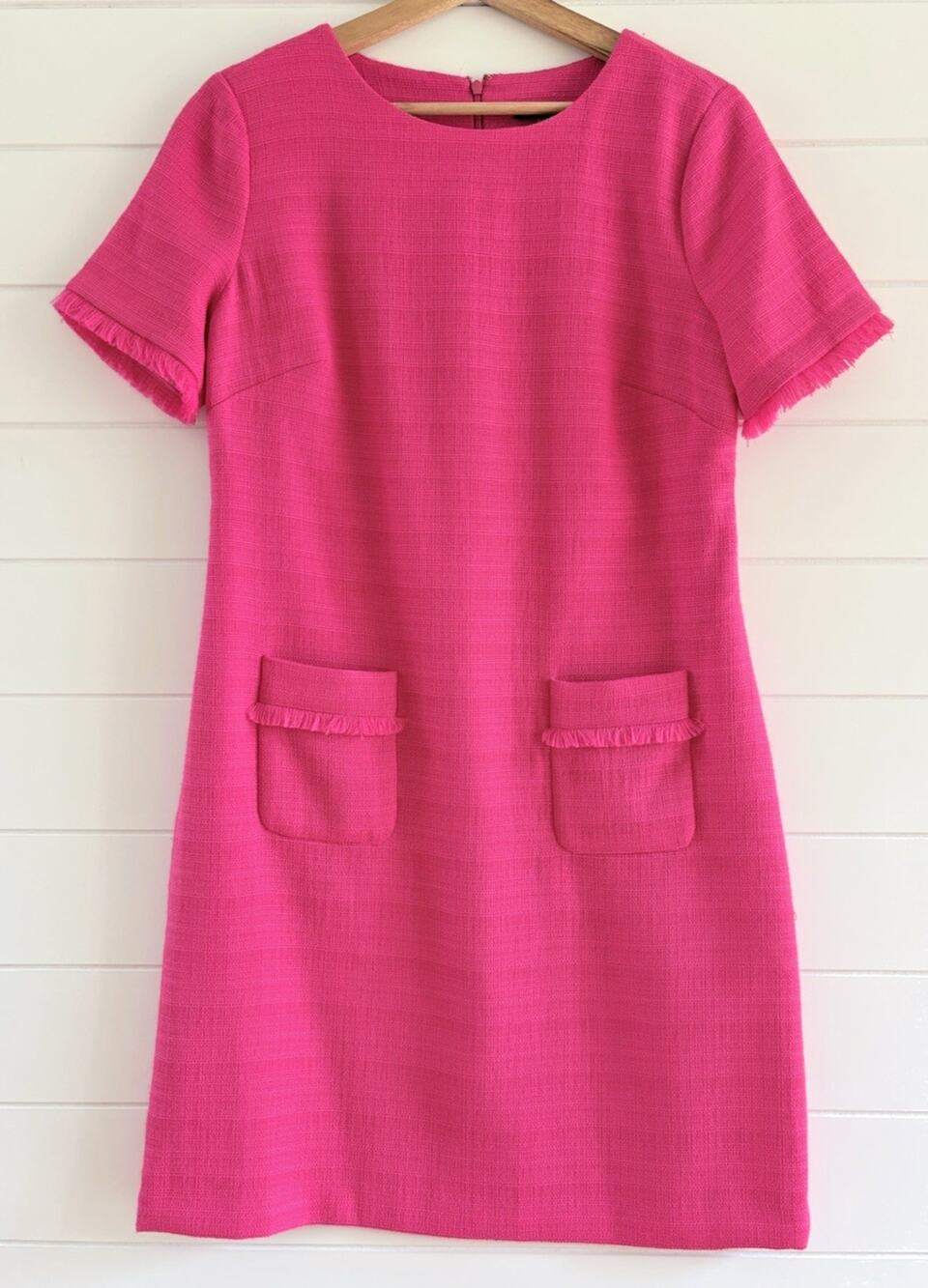 Tommy Hilfiger Pink Hopsack Shift Dress Fringe Trim Pockets Career Party Size 8